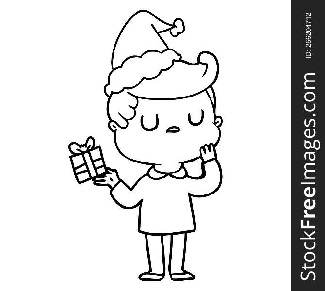 Line Drawing Of A Man Wondering Wearing Santa Hat