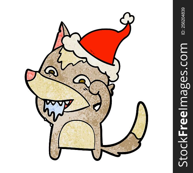 Textured Cartoon Of A Hungry Wolf Wearing Santa Hat