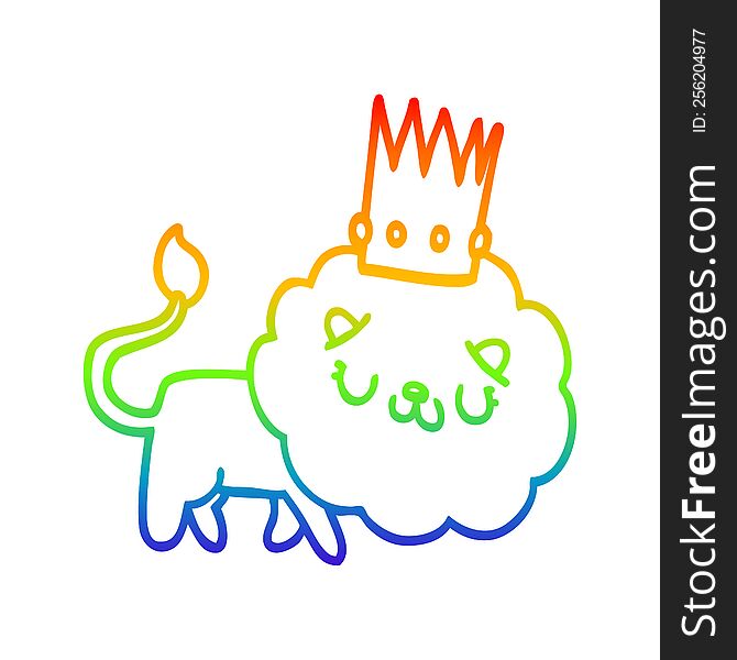 rainbow gradient line drawing of a cartoon lion with crown