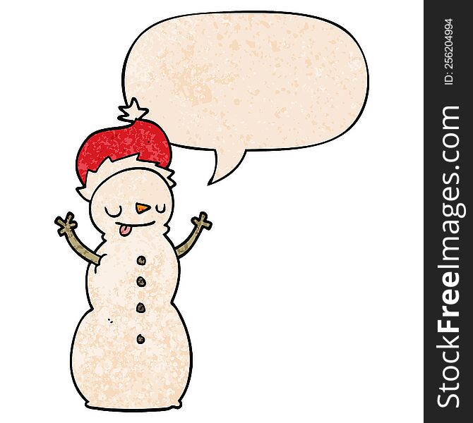 Cartoon Christmas Snowman And Speech Bubble In Retro Texture Style