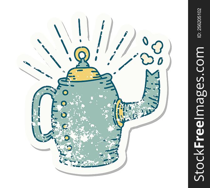 Grunge Sticker Of Tattoo Style Old Coffee Pot Steaming