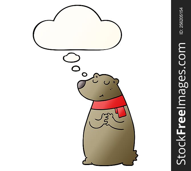 cartoon bear wearing scarf with thought bubble in smooth gradient style
