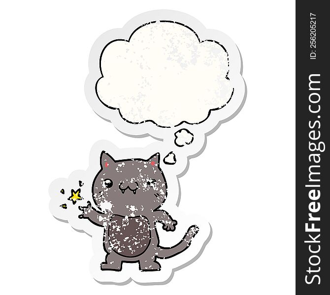 Cartoon Cat Scratching And Thought Bubble As A Distressed Worn Sticker