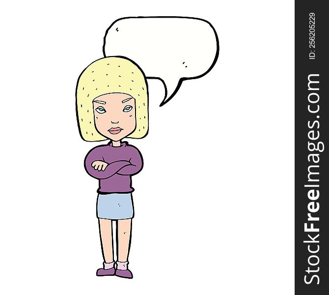 cartoon woman with crossed arms with speech bubble