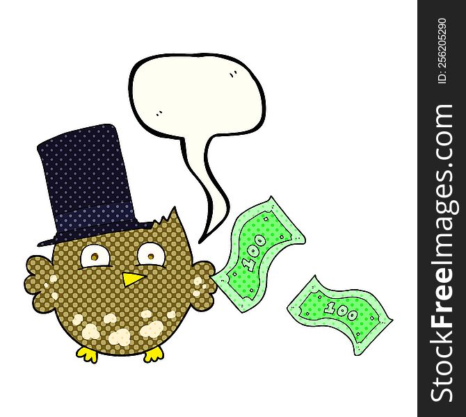 freehand drawn comic book speech bubble cartoon wealthy little owl with top hat