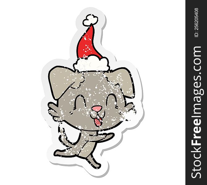 laughing hand drawn distressed sticker cartoon of a dog wearing santa hat. laughing hand drawn distressed sticker cartoon of a dog wearing santa hat
