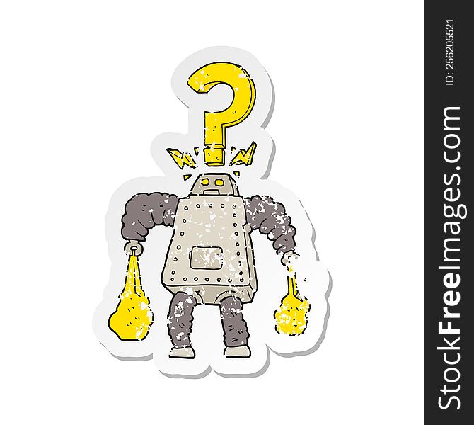 retro distressed sticker of a cartoon confused robot carrying shopping