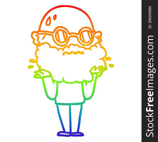 rainbow gradient line drawing cartoon worried man with beard and sunglasses