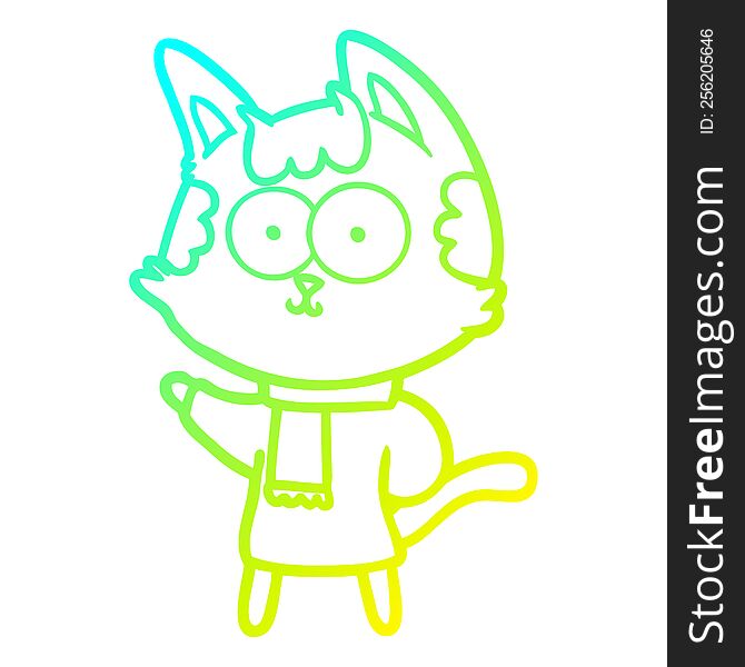 cold gradient line drawing happy cartoon cat in winter clothes