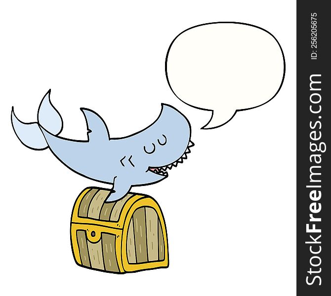 cartoon shark swimming over treasure chest with speech bubble