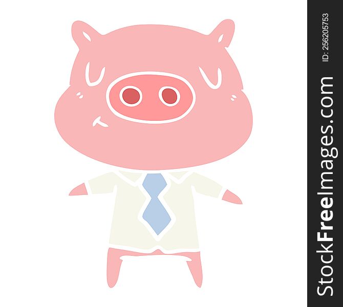flat color style cartoon content pig in shirt and tie