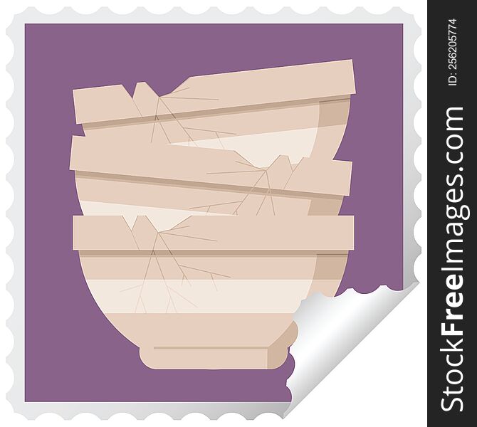 stack of cracked old bowls graphic square sticker stamp. stack of cracked old bowls graphic square sticker stamp