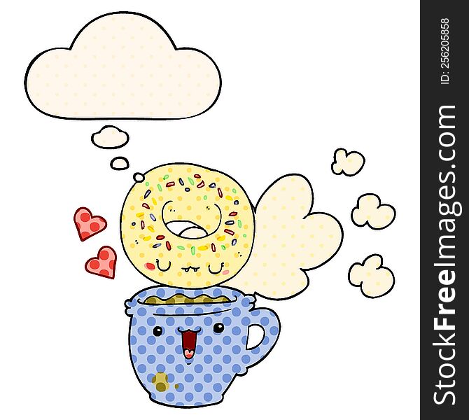 cute cartoon donut and coffee with thought bubble in comic book style
