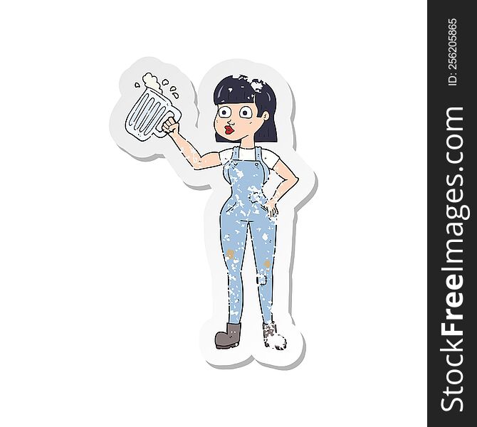 Retro Distressed Sticker Of A Cartoon Woman With Beer