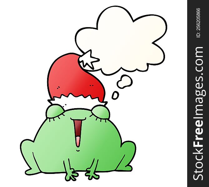 cute cartoon christmas frog and thought bubble in smooth gradient style