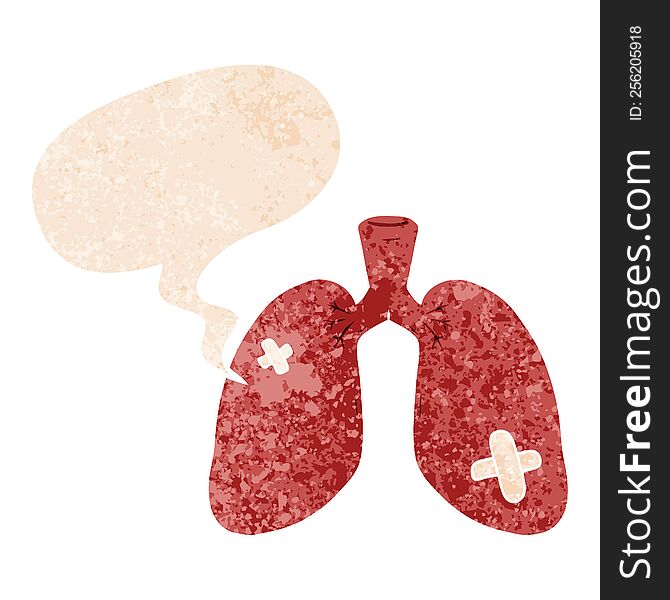 Cartoon Repaired Lungs And Speech Bubble In Retro Textured Style