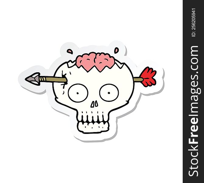 Sticker Of A Cartoon Skull With Arrow Through Brain