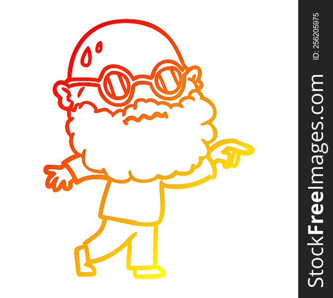 Warm Gradient Line Drawing Cartoon Worried Man With Beard And Spectacles Pointing Finger