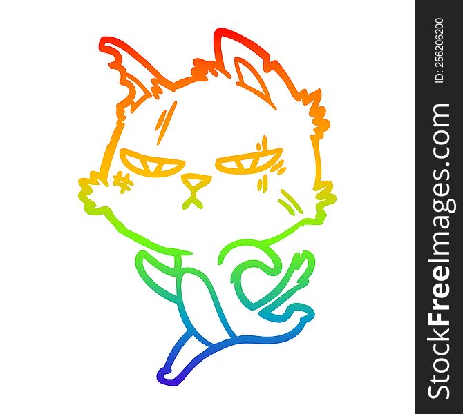 rainbow gradient line drawing of a tough cartoon cat running