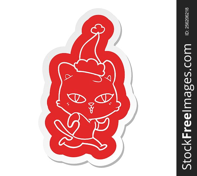 quirky cartoon  sticker of a cat out for a run wearing santa hat