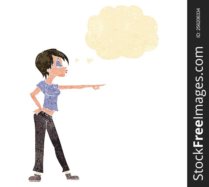 Cartoon Hip Woman Pointing With Thought Bubble