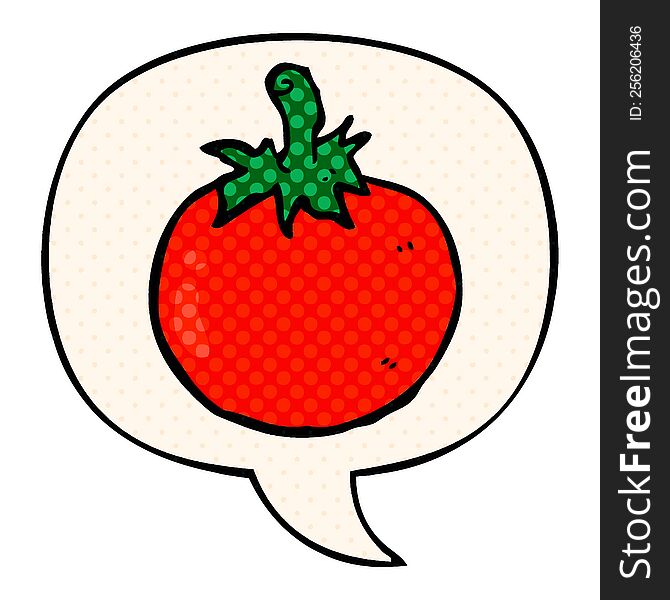 cartoon tomato with speech bubble in comic book style