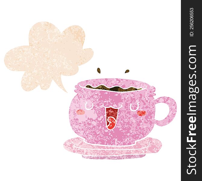 Cute Cartoon Cup And Saucer And Speech Bubble In Retro Textured Style