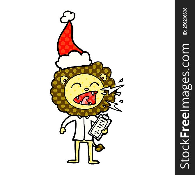 hand drawn comic book style illustration of a roaring lion doctor wearing santa hat
