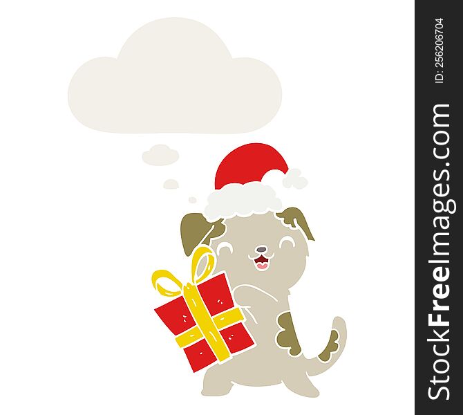 Cute Cartoon Puppy With Christmas Present And Hat And Thought Bubble In Retro Style
