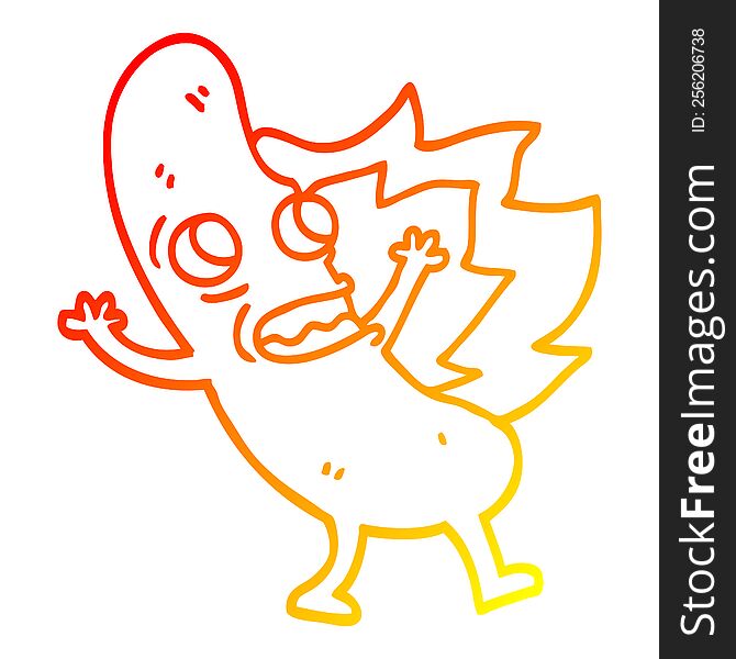 warm gradient line drawing of a cartoon flaming hotdog