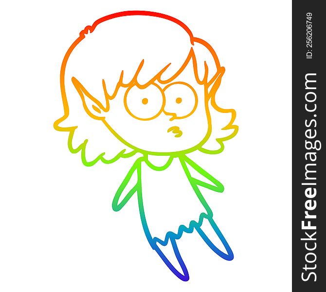 rainbow gradient line drawing of a cartoon elf girl floating