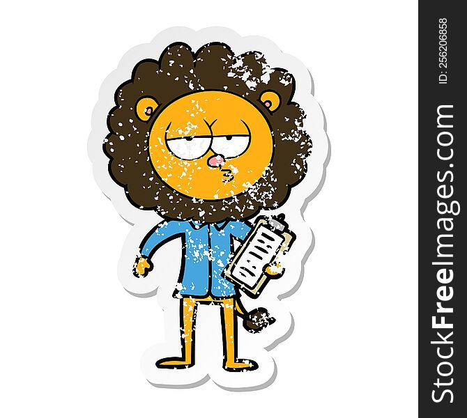 distressed sticker of a cartoon bored lion manager