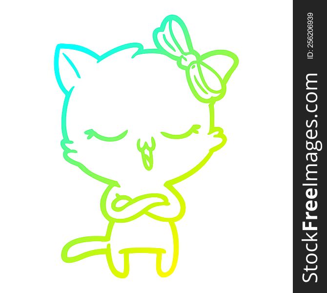 cold gradient line drawing of a cartoon cat with bow on head