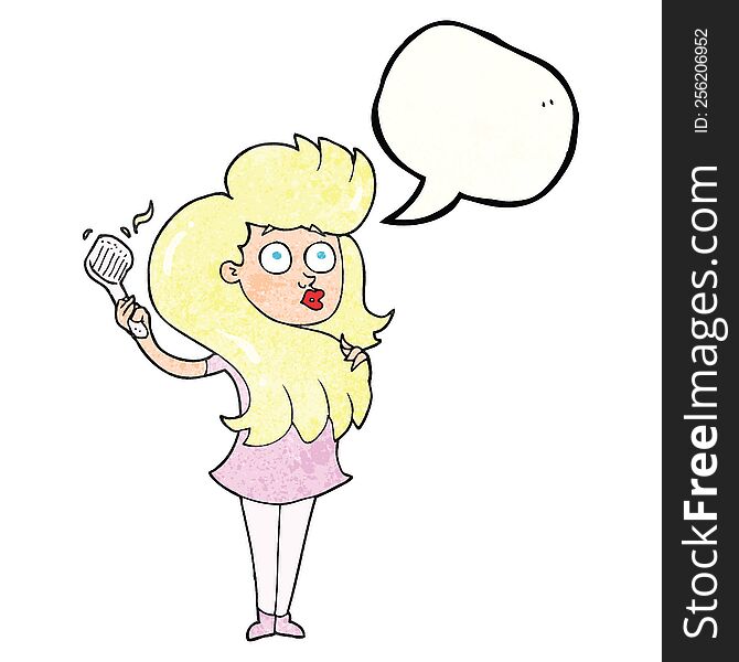 freehand speech bubble textured cartoon woman brushing hair