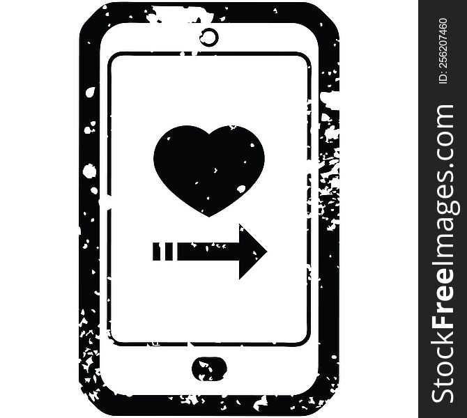 Distressed effect dating app on cell phone graphic vector illustration icon. Distressed effect dating app on cell phone graphic vector illustration icon