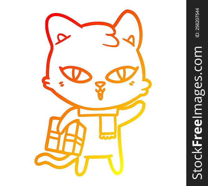 warm gradient line drawing of a cartoon cat with a present