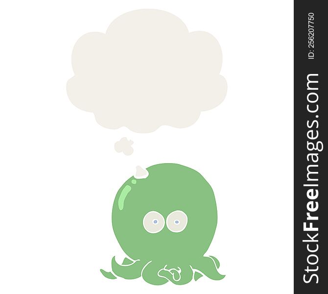 cartoon octopus with thought bubble in retro style