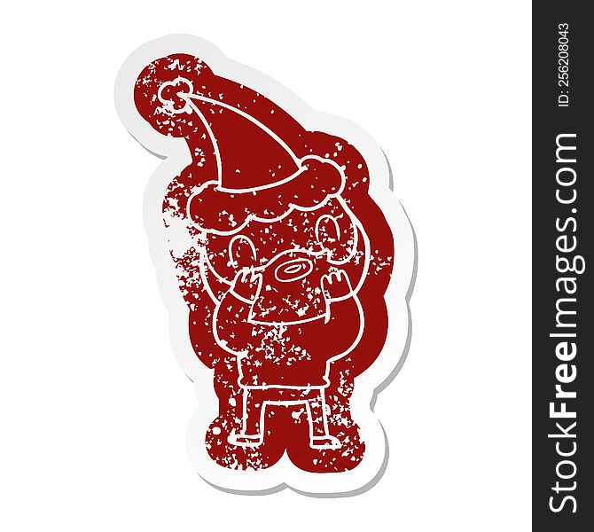 Cartoon Distressed Sticker Of A Bearded Man Wearing Santa Hat