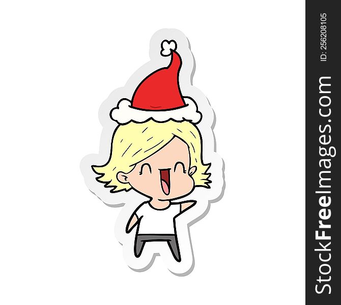 Sticker Cartoon Of A Happy Woman Wearing Santa Hat