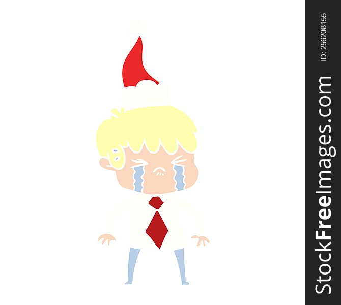 hand drawn flat color illustration of a boy crying wearing santa hat