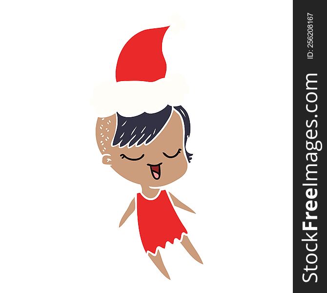 happy hand drawn flat color illustration of a girl wearing santa hat. happy hand drawn flat color illustration of a girl wearing santa hat