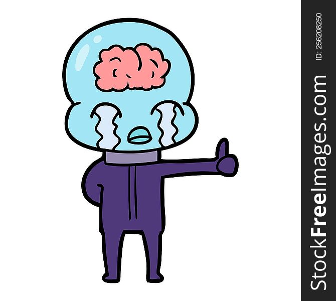 cartoon big brain alien crying but giving thumbs up symbol. cartoon big brain alien crying but giving thumbs up symbol