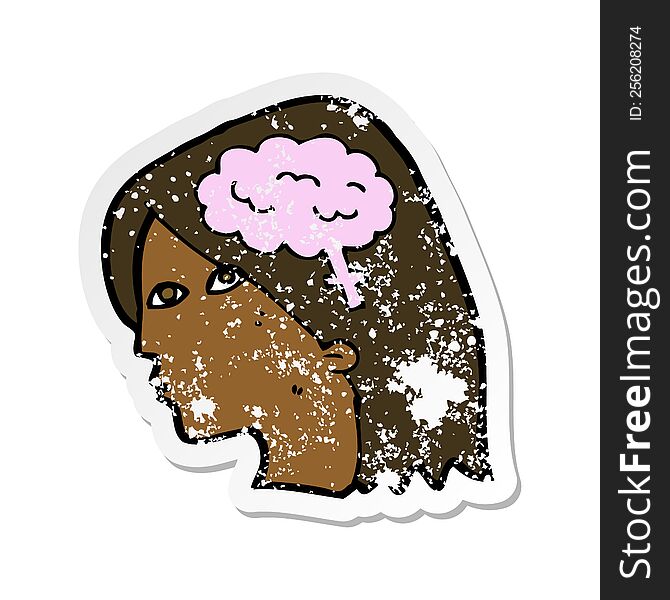 retro distressed sticker of a cartoon female head with brain symbol