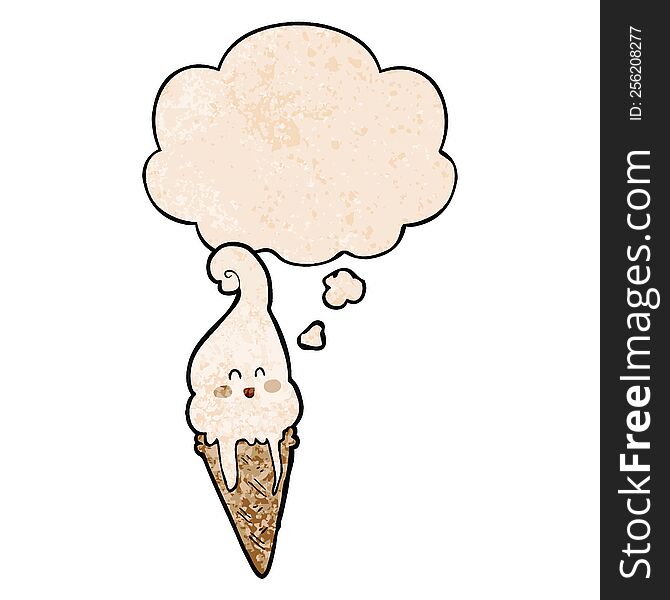 Cartoon Ice Cream And Thought Bubble In Grunge Texture Pattern Style