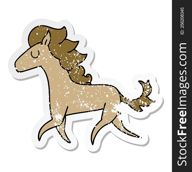 distressed sticker of a quirky hand drawn cartoon running horse