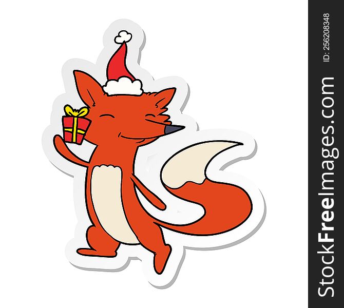 Sticker Cartoon Of A Happy Fox Wearing Santa Hat
