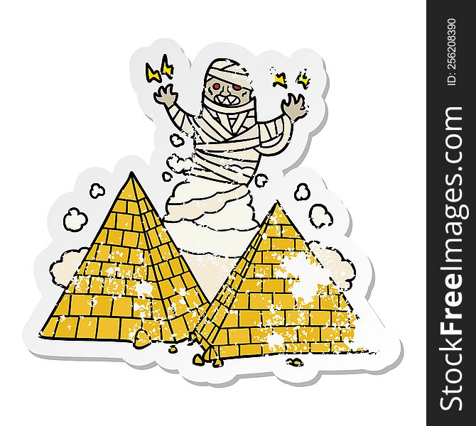 Distressed Sticker Of A Cartoon Mummy And Pyramids