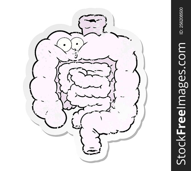 distressed sticker of a cartoon surprised intestines