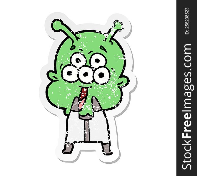 distressed sticker of a happy cartoon alien gasping in surprise