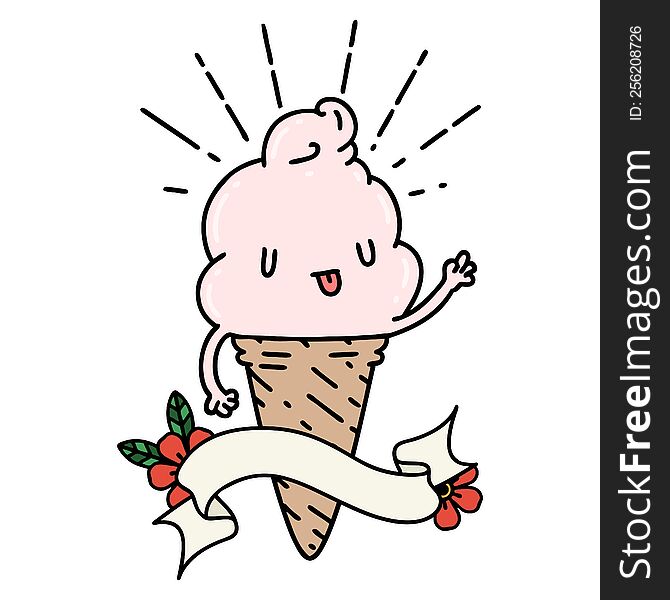 Banner With Tattoo Style Ice Cream Character Waving
